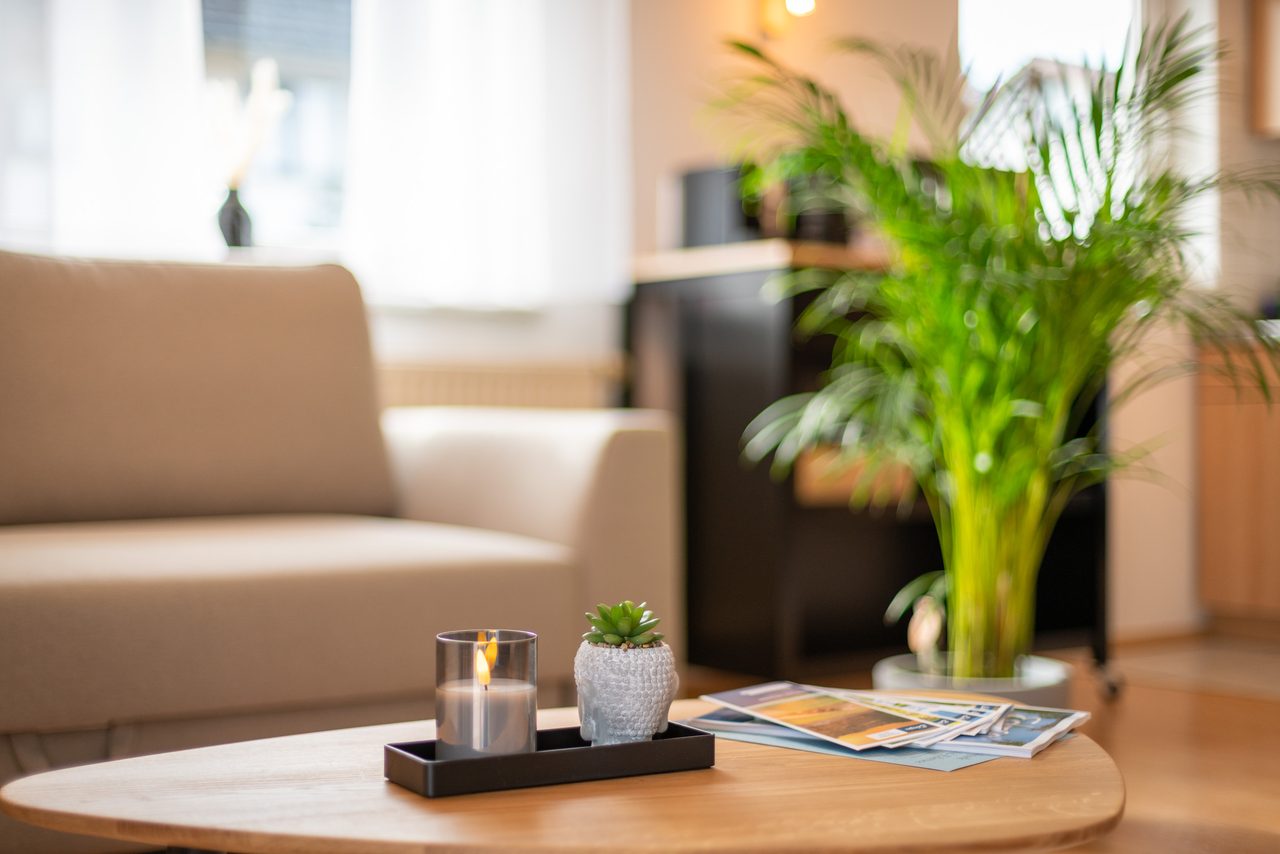 Ferienwohnung Edersee, Couchtisch mit Kerzen und Pflanze im Wohnzimmer