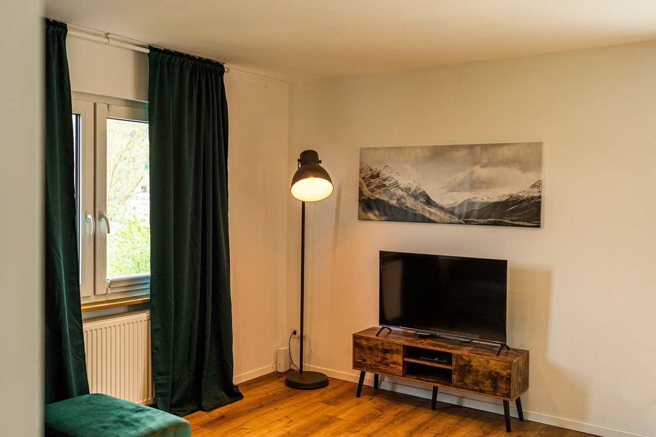 Wohnzimmer mit Fernseher auf Holzkommode, Stehlampe und grünen Vorhängen