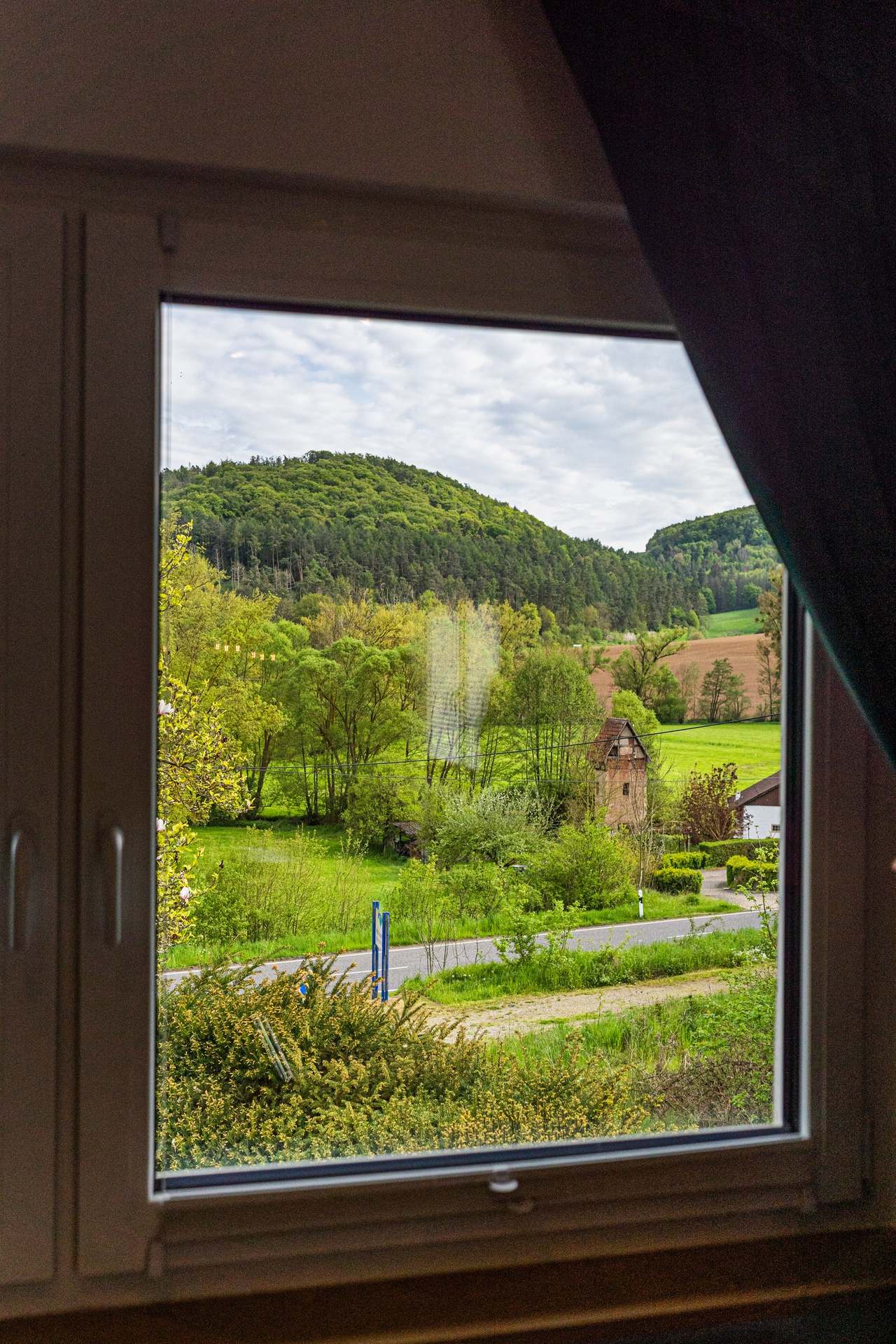 Blick aus dem Fenster auf grüne Hügel und Wiesen