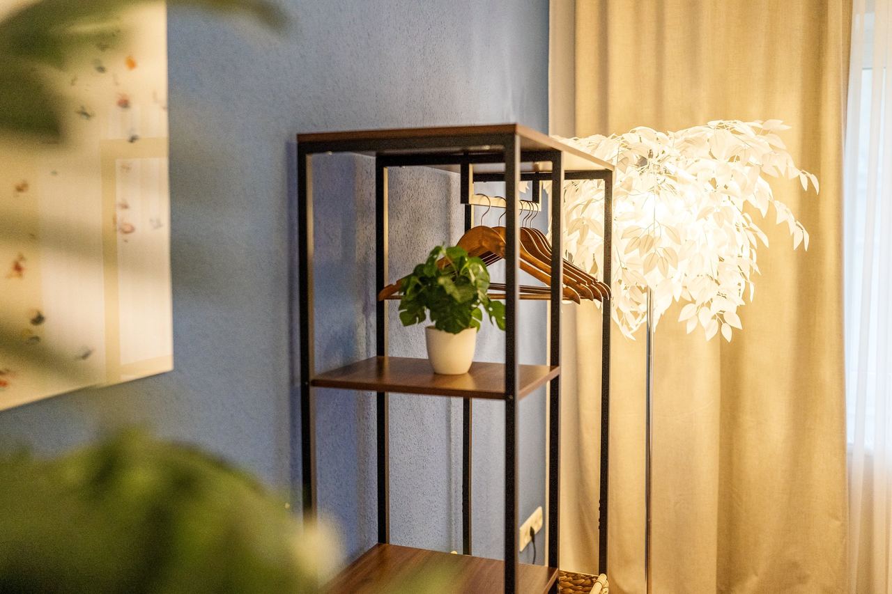 Kleiderregal mit Bügeln und Topfpflanze neben Vorhang und Stehlampe