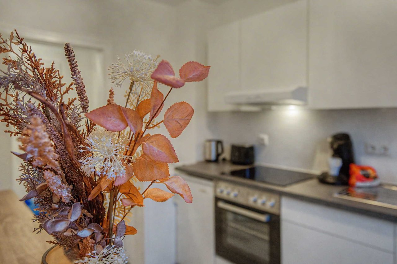 Ferienwohnung Essen, moderne Küche mit Kaffeemaschine und Essbereich, Bild 15