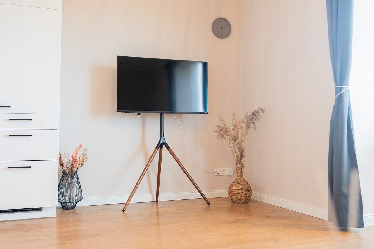 Wohnbereich mit Fernseher auf Dreibeinständer und Vasen mit Trockenblumen
