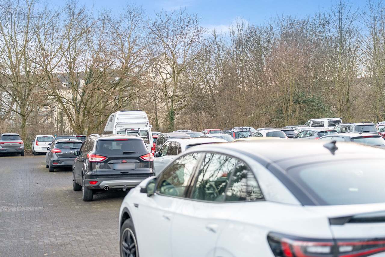 Großer Parkplatz mit geparkten Autos vor kahlen Bäumen