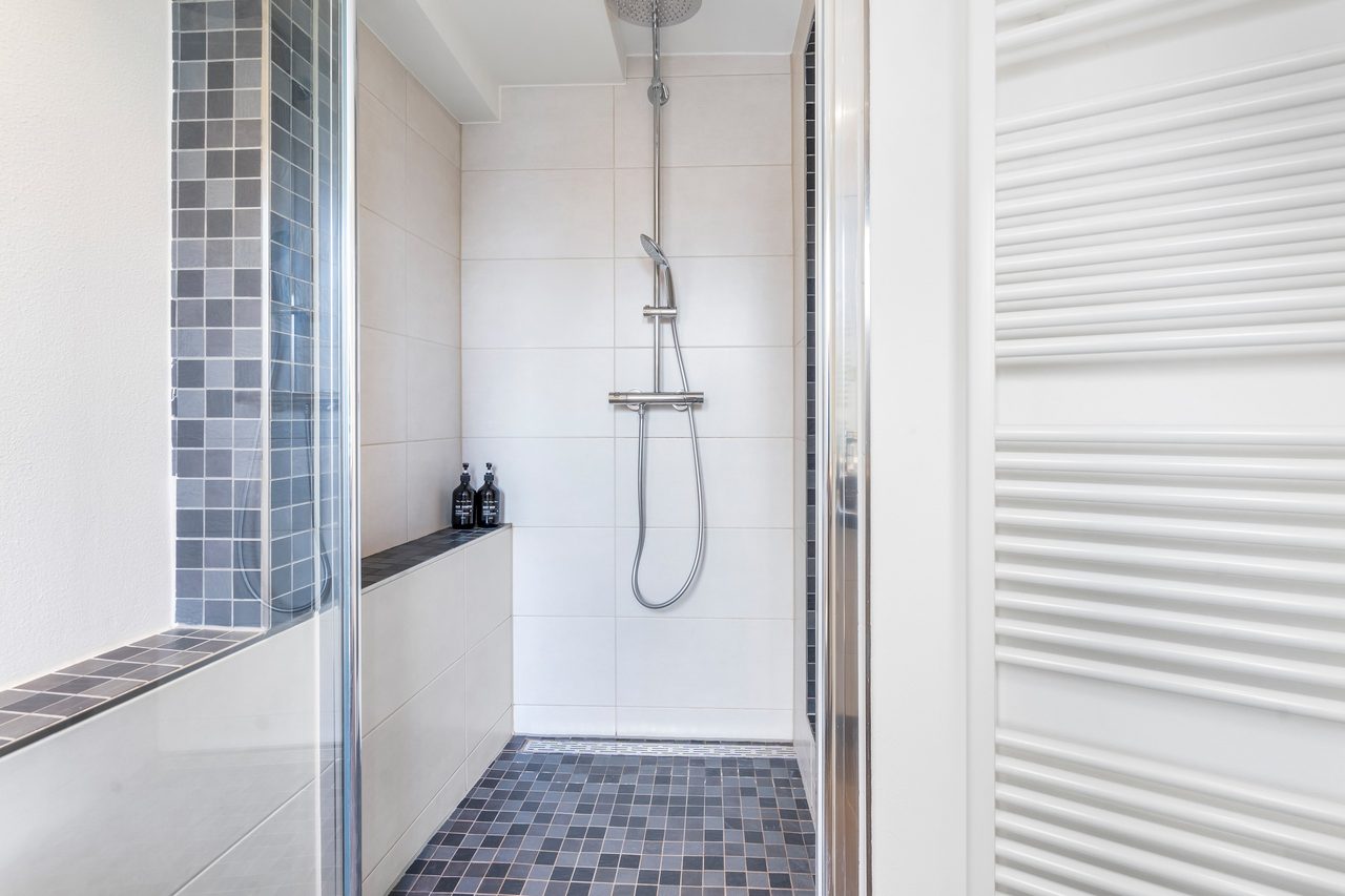 Dusche mit grauen Mosaikfliesen, Brausestange und Ablage mit Pflegeprodukten