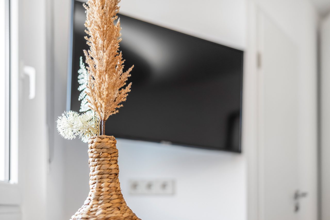 Vase mit Trockengräsern vor einem Wandfernseher