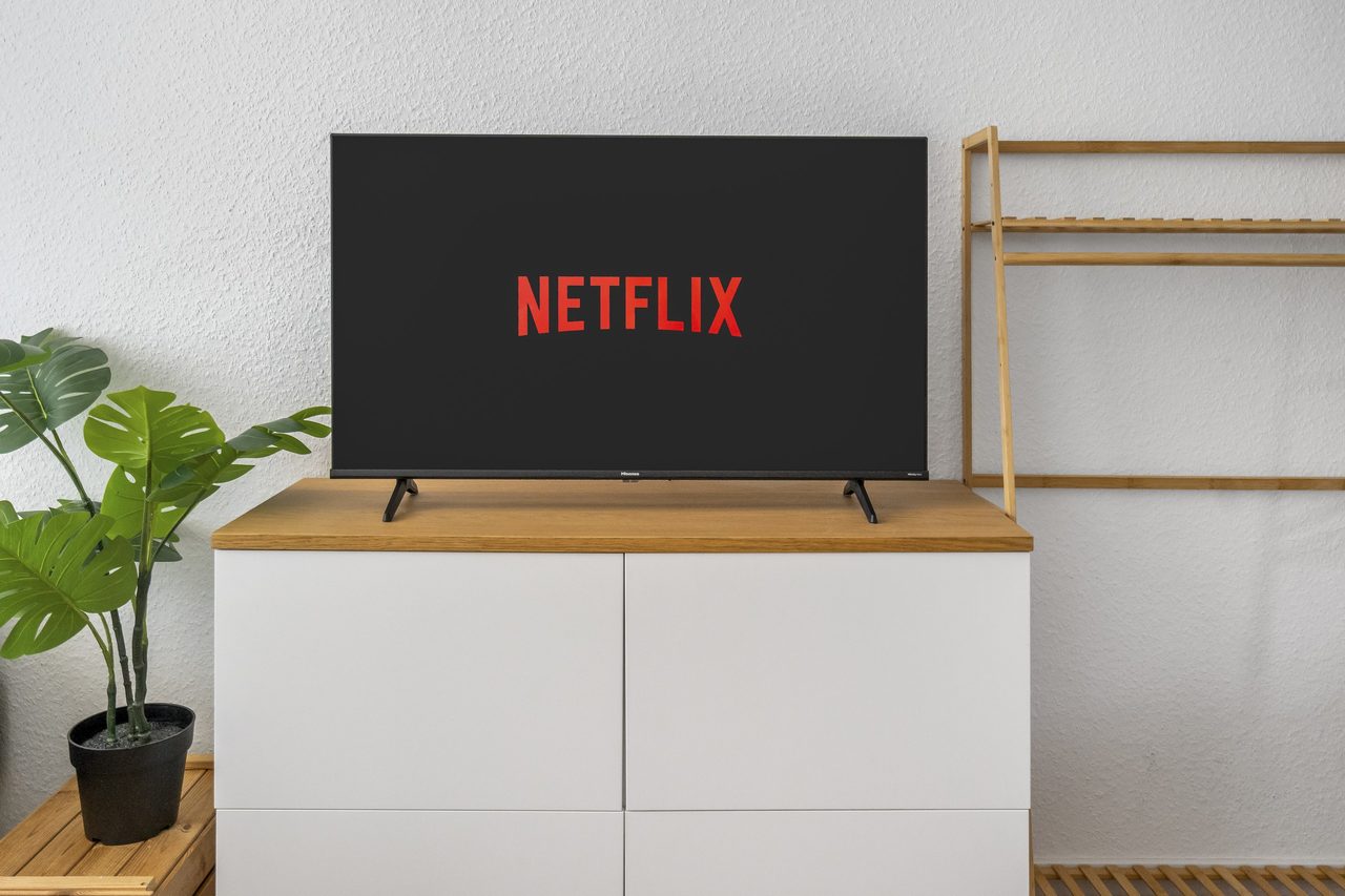 Fernseher mit Netflix-Startbild auf weißer Kommode neben Pflanze